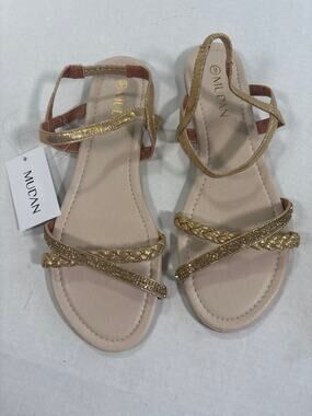 Mudan Champagne Jeweled Cross Strap Flat Sandals Size 9